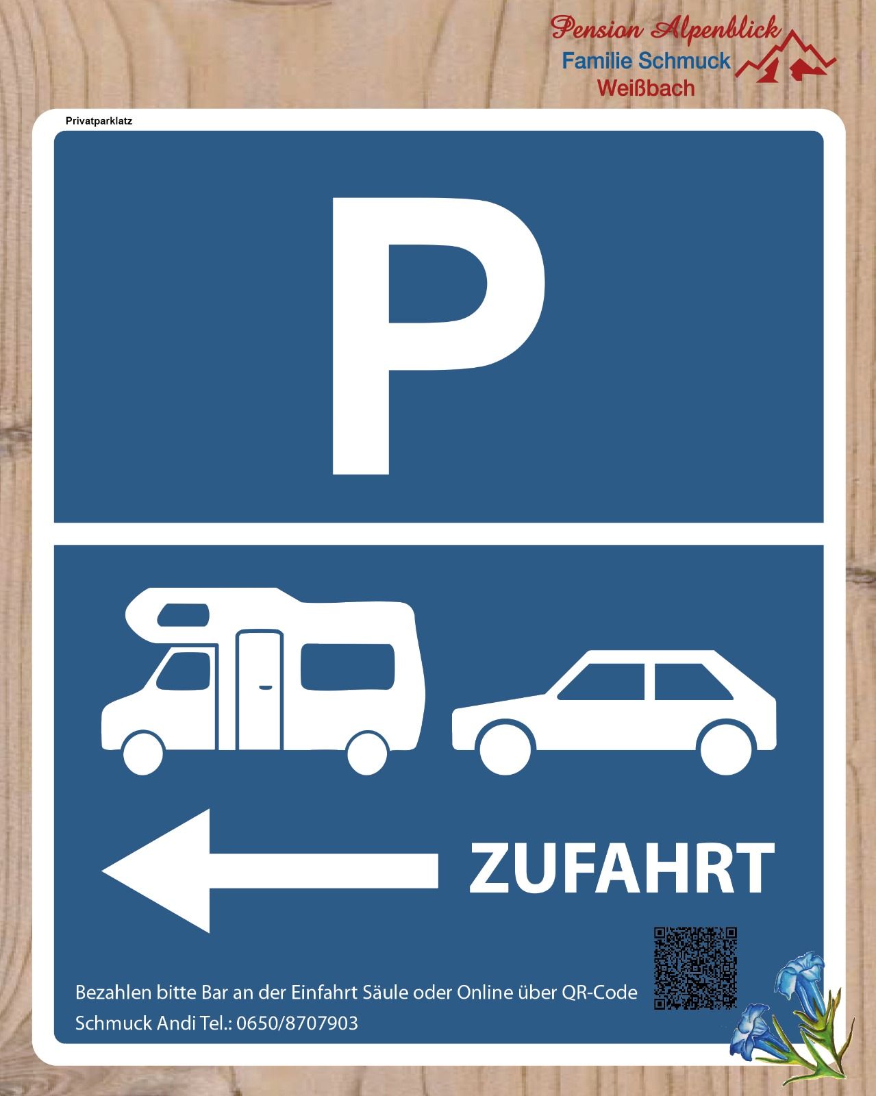 Privatparkplatz Zufahrt und QR-Code